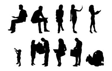 Vektör siluetleri, insanların ana hatları, Contour çizimleri, insanların siluetleri, ikon kümesi izole edilmiş, oturan insanların silueti, mimari set
