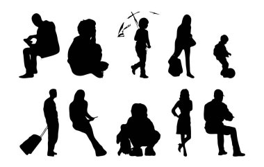 Vektör siluetleri, insanların ana hatları, Contour çizimleri, insanların siluetleri, ikon kümesi izole edilmiş, oturan insanların silueti, mimari set