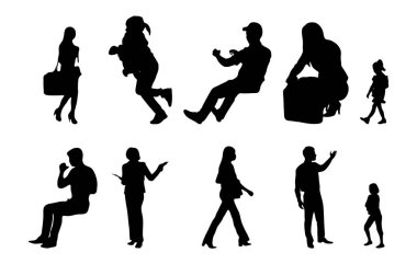 Vektör siluetleri, insanların ana hatları, Contour çizimleri, insanların siluetleri, ikon kümesi izole edilmiş, oturan insanların silueti, mimari set