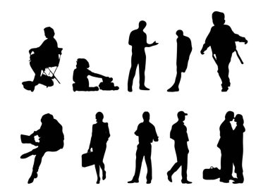 Vektör siluetleri, insanların ana hatları, Contour çizimleri, insanların siluetleri, ikon kümesi izole edilmiş, oturan insanların silueti, mimari set
