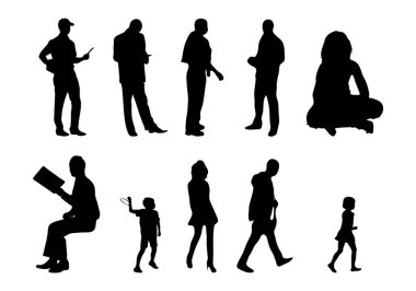 Vektör siluetleri, insanların ana hatları, Contour çizimleri, insanların siluetleri, ikon kümesi izole edilmiş, oturan insanların silueti, mimari set