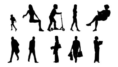 Vektör siluetleri, insanların ana hatları, Contour çizimleri, insanların siluetleri, ikon kümesi izole edilmiş, oturan insanların silueti, mimari set