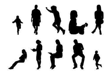 Vektör siluetleri, insanların ana hatları, Contour çizimleri, insanların siluetleri, ikon kümesi izole edilmiş, oturan insanların silueti, mimari set