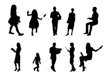 Vektör siluetleri, insanların ana hatları, Contour çizimleri, insanların siluetleri, ikon kümesi izole edilmiş, oturan insanların silueti, mimari set