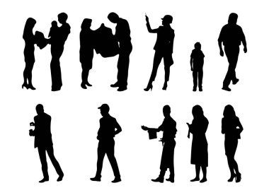 Vektör siluetleri, insanların ana hatları, Contour çizimleri, insanların siluetleri, ikon kümesi izole edilmiş, oturan insanların silueti, mimari set