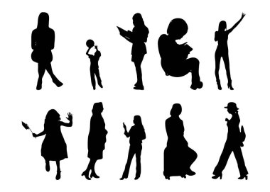 Vektör siluetleri, insanların ana hatları, Contour çizimleri, insanların siluetleri, ikon kümesi izole edilmiş, oturan insanların silueti, mimari set