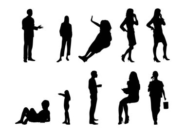 Vektör siluetleri, insanların ana hatları, Contour çizimleri, insanların siluetleri, ikon kümesi izole edilmiş, oturan insanların silueti, mimari set