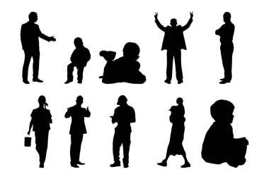 Vektör siluetleri, insanların ana hatları, Contour çizimleri, insanların siluetleri, ikon kümesi izole edilmiş, oturan insanların silueti, mimari set