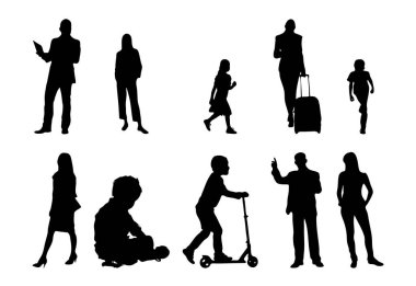 Vektör siluetleri, insanların ana hatları, Contour çizimleri, insanların siluetleri, ikon kümesi izole edilmiş, oturan insanların silueti, mimari set