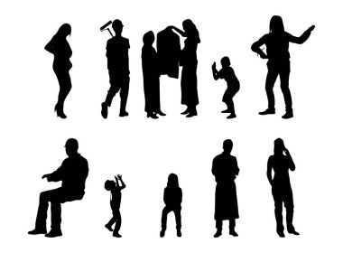Vektör siluetleri, insanların ana hatları, Contour çizimleri, insanların siluetleri, ikon kümesi izole edilmiş, oturan insanların silueti, mimari set