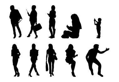 Vektör siluetleri, insanların ana hatları, Contour çizimleri, insanların siluetleri, ikon kümesi izole edilmiş, oturan insanların silueti, mimari set