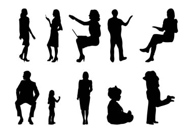 Vektör siluetleri, insanların ana hatları, Contour çizimleri, insanların siluetleri, ikon kümesi izole edilmiş, oturan insanların silueti, mimari set