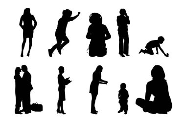 Vektör siluetleri, insanların ana hatları, Contour çizimleri, insanların siluetleri, ikon kümesi izole edilmiş, oturan insanların silueti, mimari set
