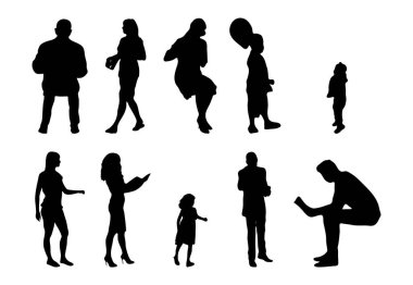 Vektör siluetleri, insanların ana hatları, Contour çizimleri, insanların siluetleri, ikon kümesi izole edilmiş, oturan insanların silueti, mimari set