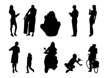 Vektör siluetleri, insanların ana hatları, Contour çizimleri, insanların siluetleri, ikon kümesi izole edilmiş, oturan insanların silueti, mimari set