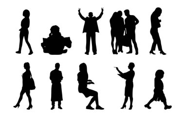 Vektör siluetleri, insanların ana hatları, Contour çizimleri, insanların siluetleri, ikon kümesi izole edilmiş, oturan insanların silueti, mimari set