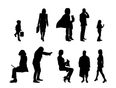 Vektör siluetleri, insanların ana hatları, Contour çizimleri, insanların siluetleri, ikon kümesi izole edilmiş, oturan insanların silueti, mimari set