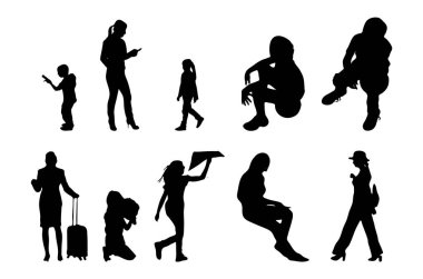 Vektör siluetleri, insanların ana hatları, Contour çizimleri, insanların siluetleri, ikon kümesi izole edilmiş, oturan insanların silueti, mimari set