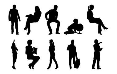 Vektör siluetleri, insanların ana hatları, Contour çizimleri, insanların siluetleri, ikon kümesi izole edilmiş, oturan insanların silueti, mimari set