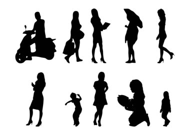 Vektör siluetleri, insanların ana hatları, Contour çizimleri, insanların siluetleri, ikon kümesi izole edilmiş, oturan insanların silueti, mimari set