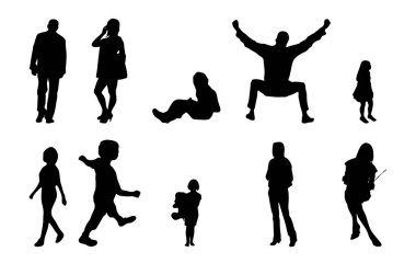 Vektör siluetleri, insanların ana hatları, Contour çizimleri, insanların siluetleri, ikon kümesi izole edilmiş, oturan insanların silueti, mimari set