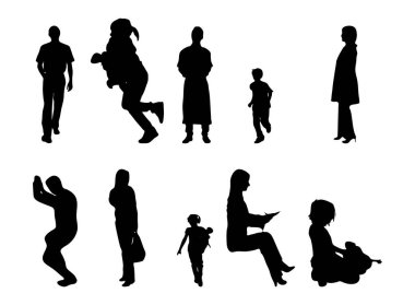 Vektör siluetleri, insanların ana hatları, Contour çizimleri, insanların siluetleri, ikon kümesi izole edilmiş, oturan insanların silueti, mimari set