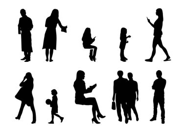 Vektör siluetleri, insanların ana hatları, Contour çizimleri, insanların siluetleri, ikon kümesi izole edilmiş, oturan insanların silueti, mimari set