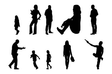 Vektör siluetleri, insanların ana hatları, Contour çizimleri, insanların siluetleri, ikon kümesi izole edilmiş, oturan insanların silueti, mimari set