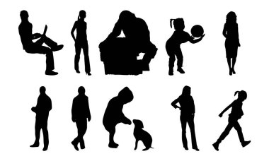Vektör siluetleri, insanların ana hatları, Contour çizimleri, insanların siluetleri, ikon kümesi izole edilmiş, oturan insanların silueti, mimari set