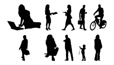Vektör siluetleri, insanların ana hatları, Contour çizimleri, insanların siluetleri, ikon kümesi izole edilmiş, oturan insanların silueti, mimari set