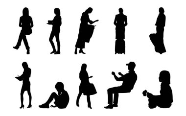 Vektör siluetleri, insanların ana hatları, Contour çizimleri, insanların siluetleri, ikon kümesi izole edilmiş, oturan insanların silueti, mimari set