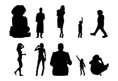 Vektör siluetleri, insanların ana hatları, Contour çizimleri, insanların siluetleri, ikon kümesi izole edilmiş, oturan insanların silueti, mimari set