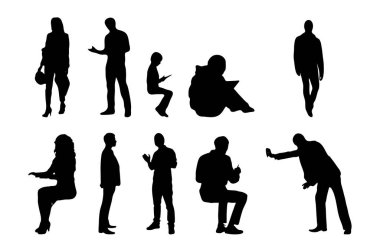 Vektör siluetleri, insanların ana hatları, Contour çizimleri, insanların siluetleri, ikon kümesi izole edilmiş, oturan insanların silueti, mimari set