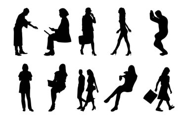 Vektör siluetleri, insanların ana hatları, Contour çizimleri, insanların siluetleri, ikon kümesi izole edilmiş, oturan insanların silueti, mimari set