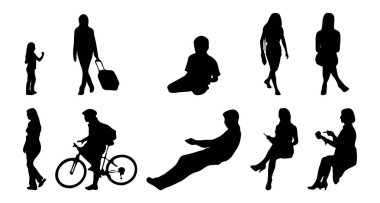 Vektör siluetleri, insanların ana hatları, Contour çizimleri, insanların siluetleri, ikon kümesi izole edilmiş, oturan insanların silueti, mimari set