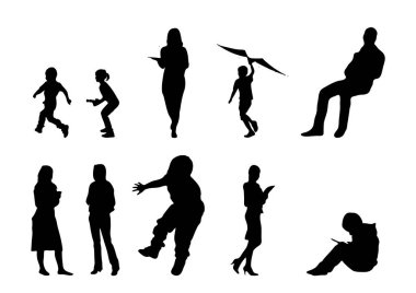 Vektör siluetleri, insanların ana hatları, Contour çizimleri, insanların siluetleri, ikon kümesi izole edilmiş, oturan insanların silueti, mimari set