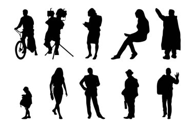 Vektör siluetleri, insanların ana hatları, Contour çizimleri, insanların siluetleri, ikon kümesi izole edilmiş, oturan insanların silueti, mimari set