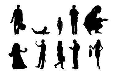 Vektör siluetleri, insanların ana hatları, Contour çizimleri, insanların siluetleri, ikon kümesi izole edilmiş, oturan insanların silueti, mimari set