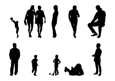 Vektör siluetleri, insanların ana hatları, Contour çizimleri, insanların siluetleri, ikon kümesi izole edilmiş, oturan insanların silueti, mimari set