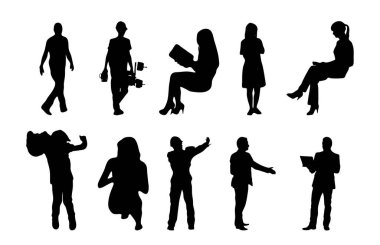 Vektör siluetleri, insanların ana hatları, Contour çizimleri, insanların siluetleri, ikon kümesi izole edilmiş, oturan insanların silueti, mimari set