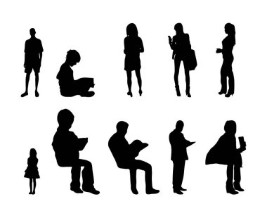 Vektör siluetleri, insanların ana hatları, Contour çizimleri, insanların siluetleri, ikon kümesi izole edilmiş, oturan insanların silueti, mimari set