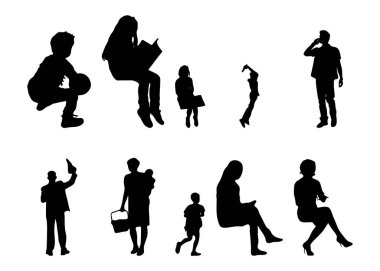 Vektör siluetleri, insanların ana hatları, Contour çizimleri, insanların siluetleri, ikon kümesi izole edilmiş, oturan insanların silueti, mimari set