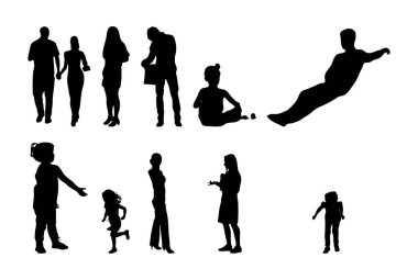 Vektör siluetleri, insanların ana hatları, Contour çizimleri, insanların siluetleri, ikon kümesi izole edilmiş, oturan insanların silueti, mimari set