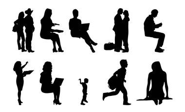 Vektör siluetleri, insanların ana hatları, Contour çizimleri, insanların siluetleri, ikon kümesi izole edilmiş, oturan insanların silueti, mimari set