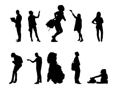 Vektör siluetleri, insanların ana hatları, Contour çizimleri, insanların siluetleri, ikon kümesi izole edilmiş, oturan insanların silueti, mimari set