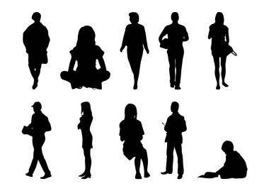 Vektör siluetleri, insanların ana hatları, Contour çizimleri, insanların siluetleri, ikon kümesi izole edilmiş, oturan insanların silueti, mimari set