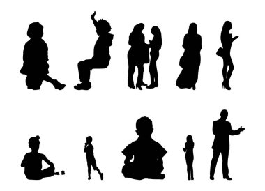 Vektör siluetleri, insanların ana hatları, Contour çizimleri, insanların siluetleri, ikon kümesi izole edilmiş, oturan insanların silueti, mimari set