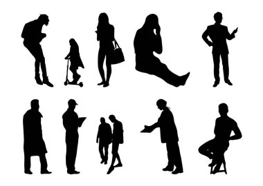 Vektör siluetleri, insanların ana hatları, Contour çizimleri, insanların siluetleri, ikon kümesi izole edilmiş, oturan insanların silueti, mimari set
