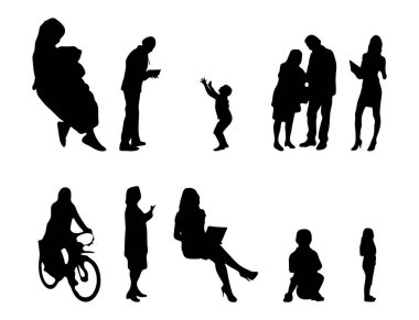 Vektör siluetleri, insanların ana hatları, Contour çizimleri, insanların siluetleri, ikon kümesi izole edilmiş, oturan insanların silueti, mimari set