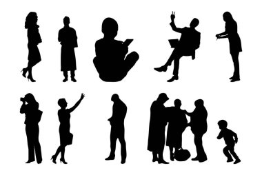 Vektör siluetleri, insanların ana hatları, Contour çizimleri, insanların siluetleri, ikon kümesi izole edilmiş, oturan insanların silueti, mimari set